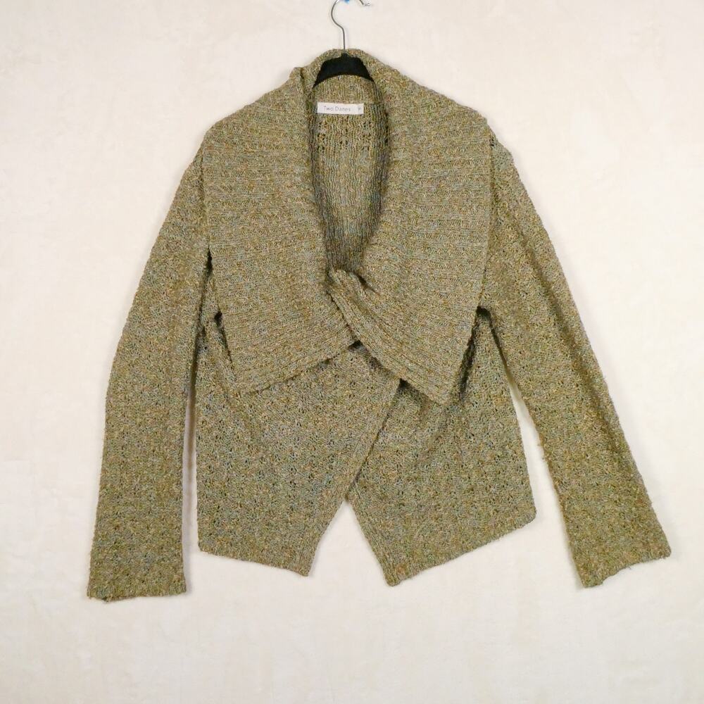 Two Danes Green Silk Blend Shawl Collar Sweater Size M Olive Wrap Cardigan